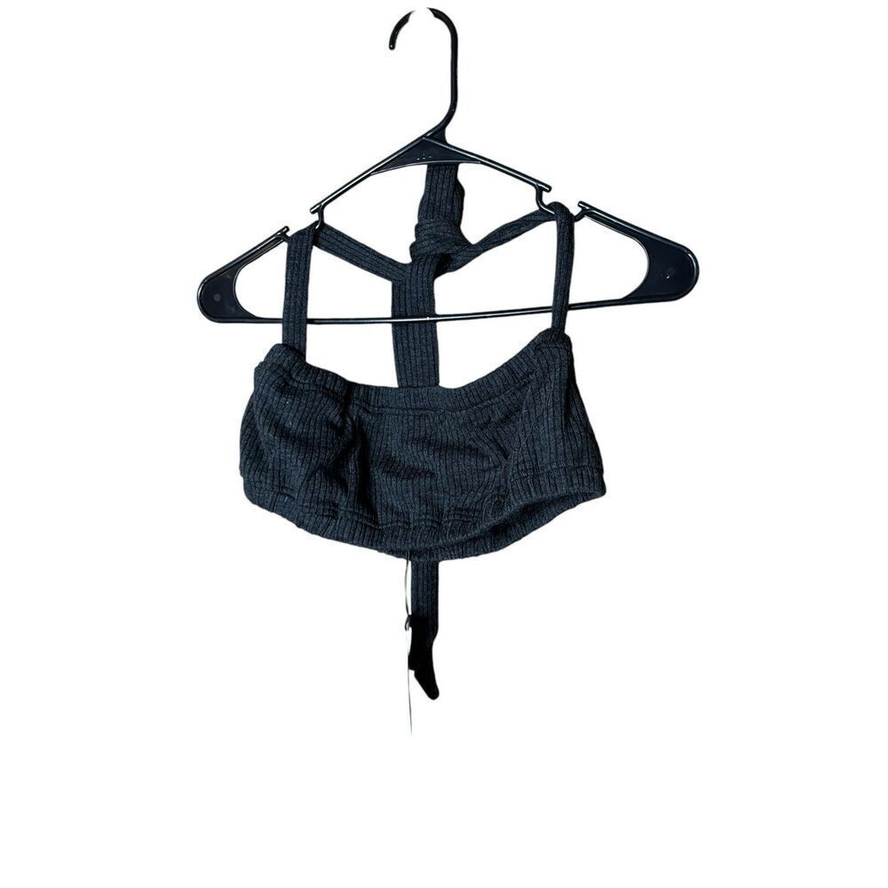 We Wore‎ What Tie Halter Bra Top Ribbed Knit Cropped Top Charcoal Size Large NWT